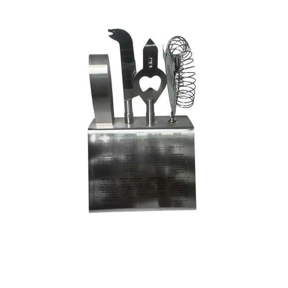 5 Piece Cocktail Tool Set Brushed Stainless Steel Includes Stand - Picture 6 of 16
